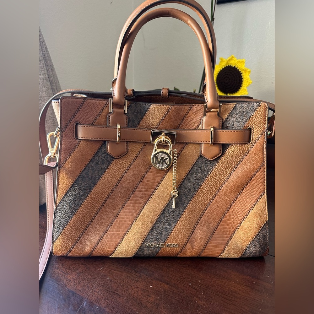 Michael Kors Brown and Tan Diagonal Stripe Leather Satchel - Picture 15 of 16